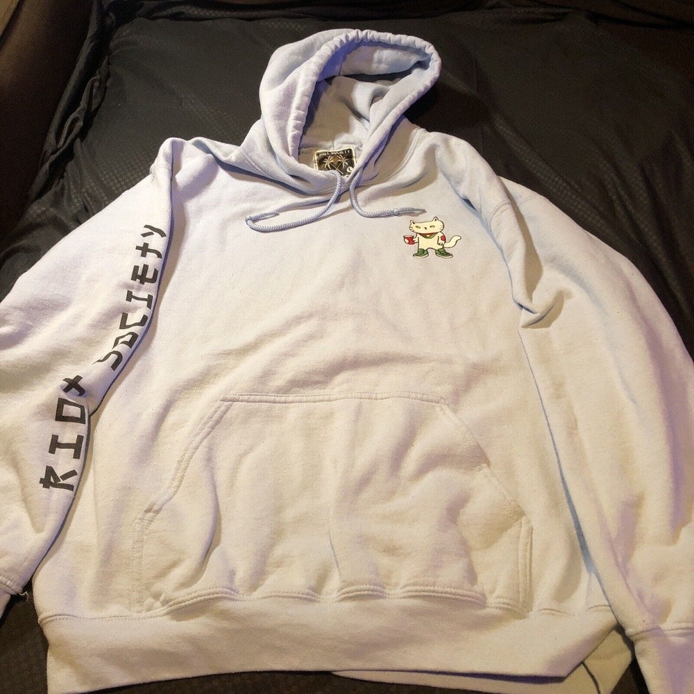 Riot Society Hoodie Mens Large Blue Fleece Cat Embroider Long Sleeve USA 0158